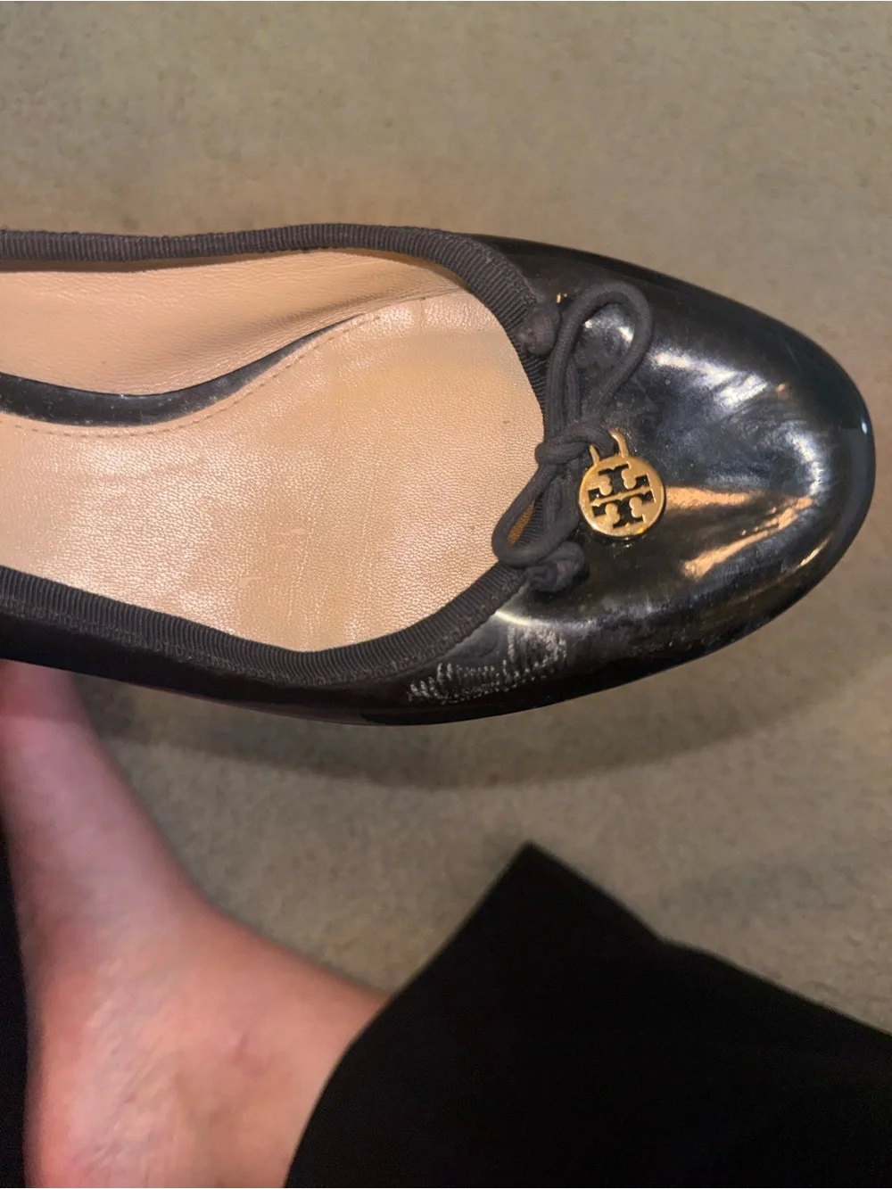 Tory Burch Black Patent Leather Round-Toe heels with bow and Gold Logo